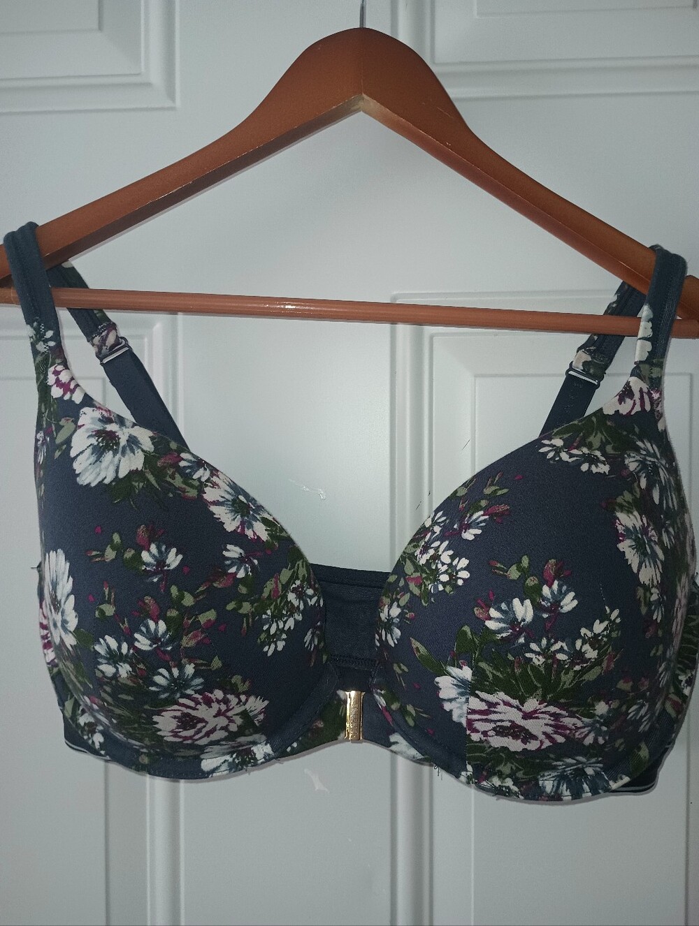 Cacique Navy Floral Underwire Bra with Green Accents